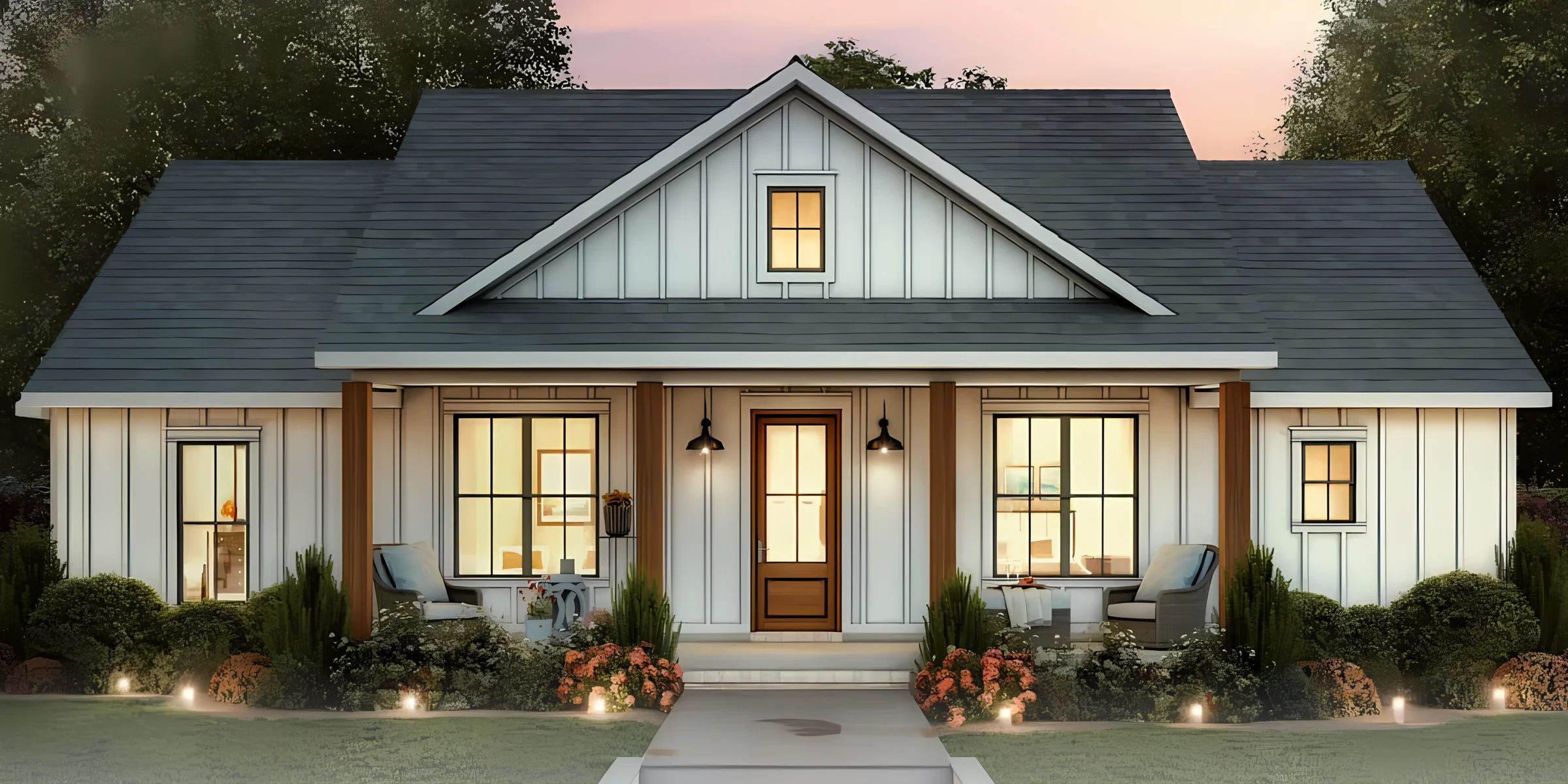 Architectural rendering of a white cottage-style home with a deep covered front porch.