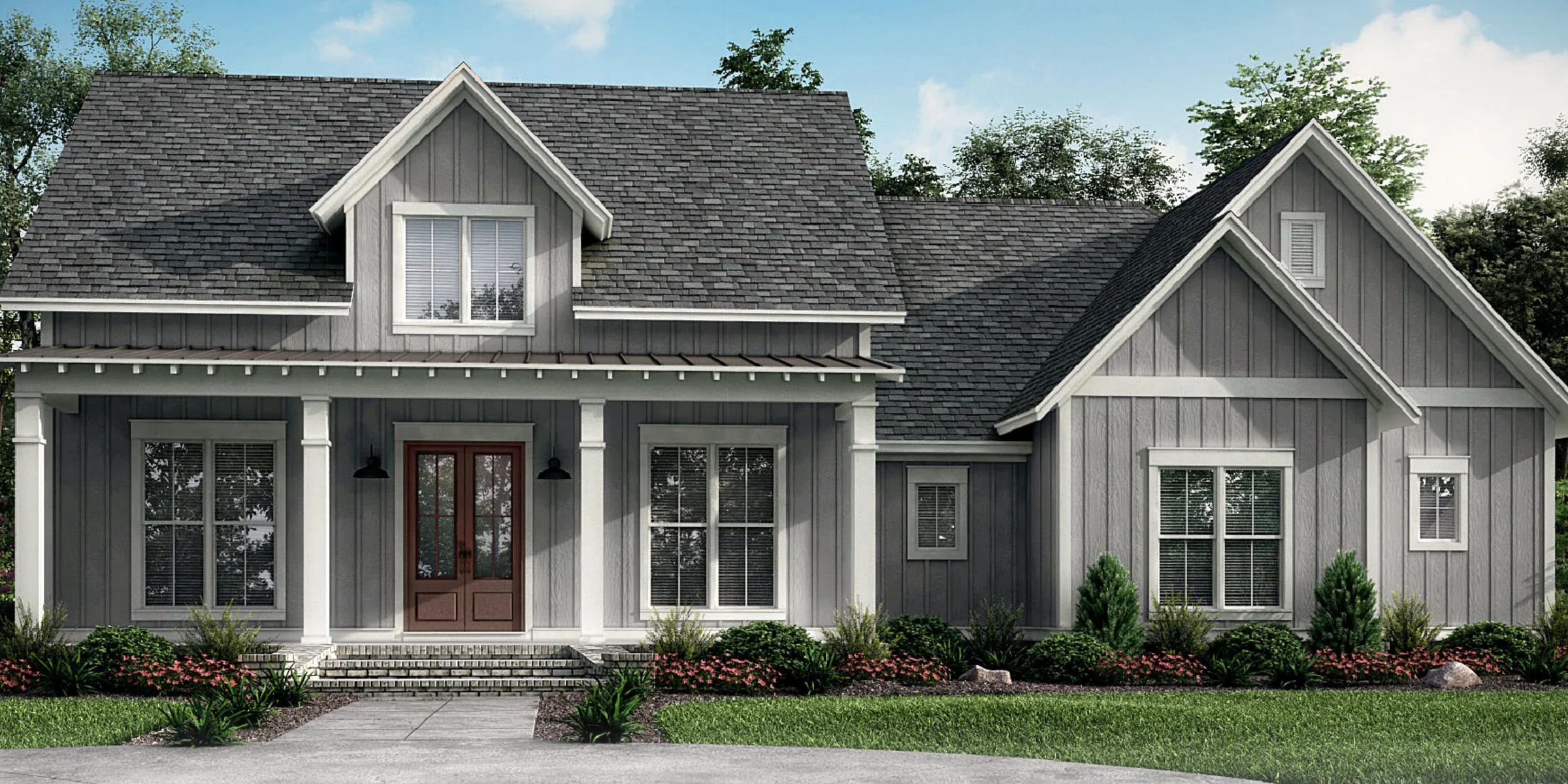 Architectural rendering of a gray farmhouse-style home with a covered front porch and landscaped entry.
